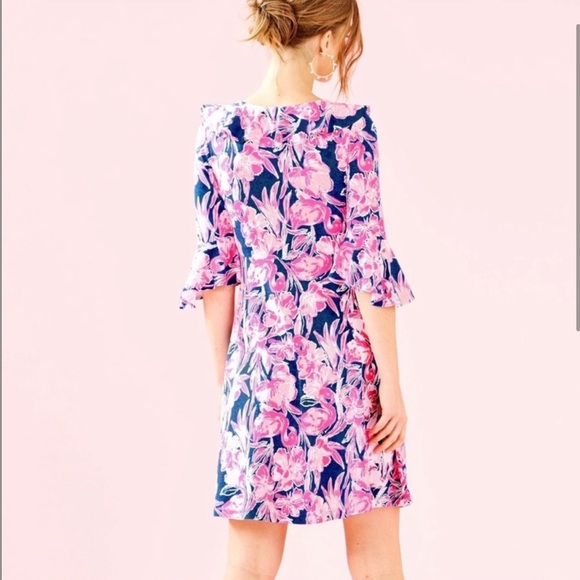 LILLY PULITZER STIRLING DRESS STYLE 001144 INKY NAVY FLAMINGLE XS RUFFLE A-LINE - Picture 4 of 14
